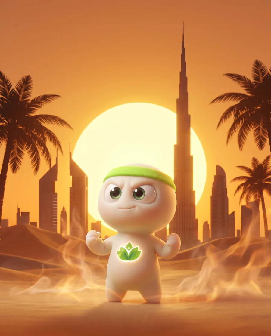 Geno flexing in front of the Dubai skyline at sunset, Beat the Heat campaign